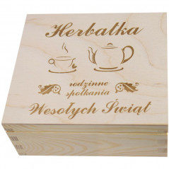 Herbaciarka pudełko na herbatę wykonane z drewna ozdobione grawerunkiem grawer Wesołych świąt