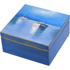 Pięknie niebieskie ozdobione pudełko na herbatę z łodziami