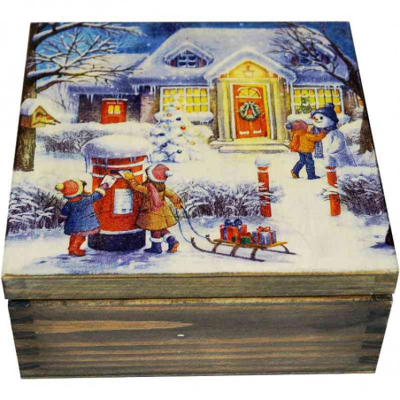 Herbaciarka decoupage - pudełko na herbatę z widokiem zimowych świąt
