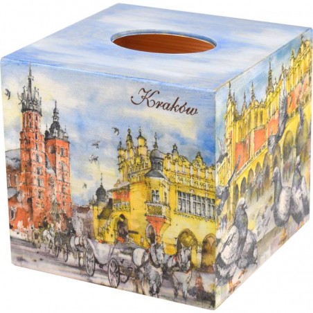A box for tissues - a wooden box for tissues, decorated with a view of the Krakow market