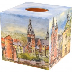 kwadratowe drewniane pudełko na chusteczki ozdobione metoda dekupaż z motywem Krakowskiego rynku